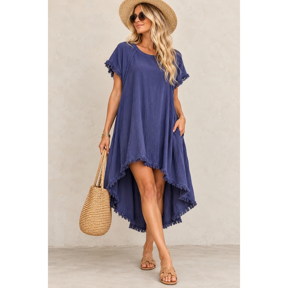 Umgee Cotton Linen High Low Dress M Dusty Indigo Fringe Boho Coastal Lagenlook